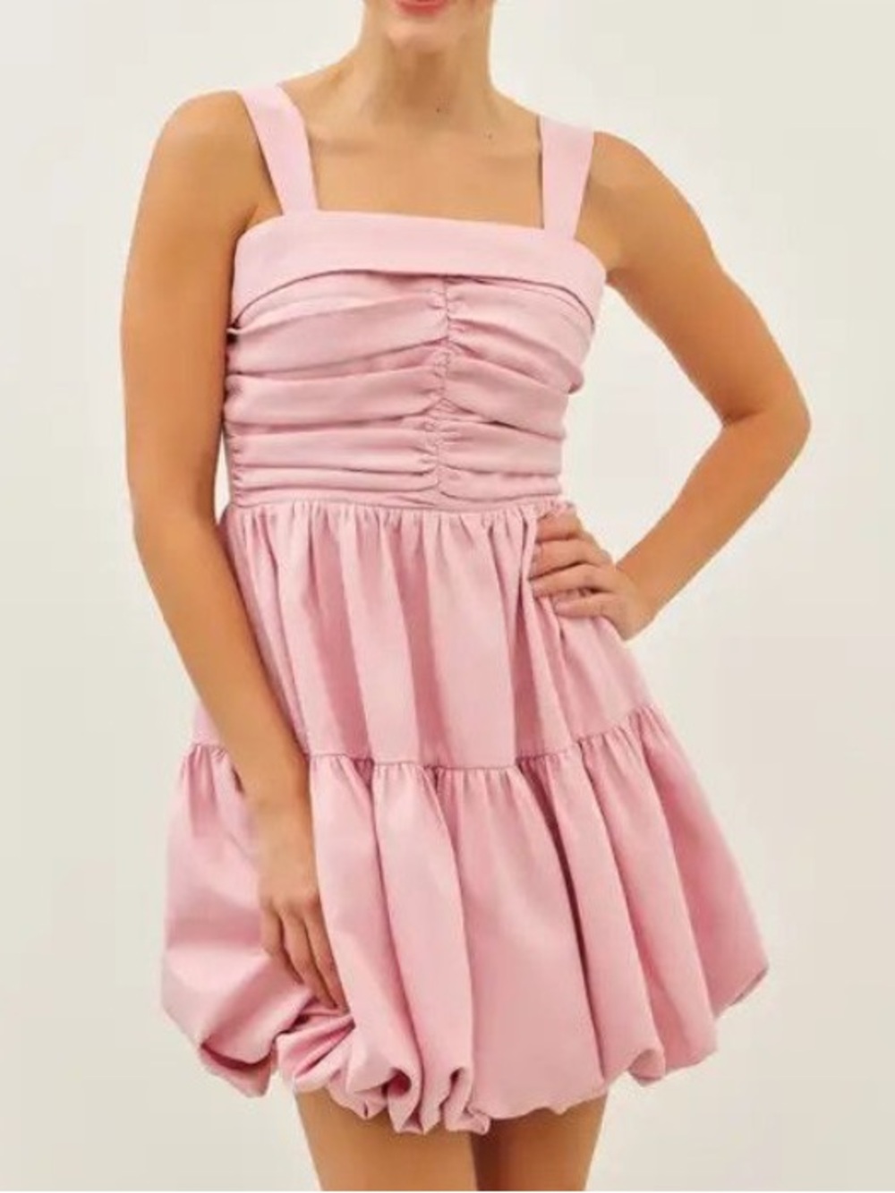 Ruched Detail Fit and Flare Tank Dress in Pink, square neckline & bubble skirt